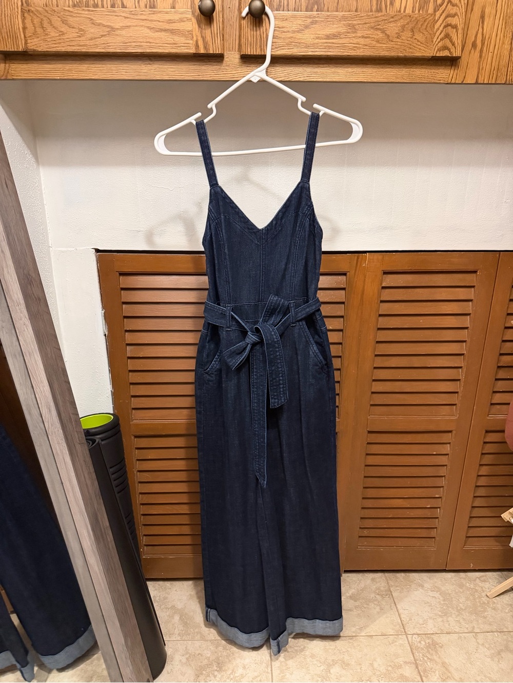 American Eagle Outfitters Dark Blue Denim Wide-Leg Jumpsuit with Tie Waist
